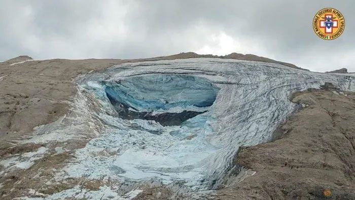 The site of the glacier collapse on Marmolada Mountain in Italy.