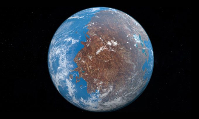 Illustration of the supercontinent Pangea and the vast ocean surrounding it.