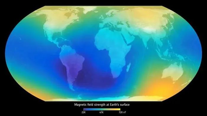 Map showing the strength of the magnetic field on the Earth's surface.