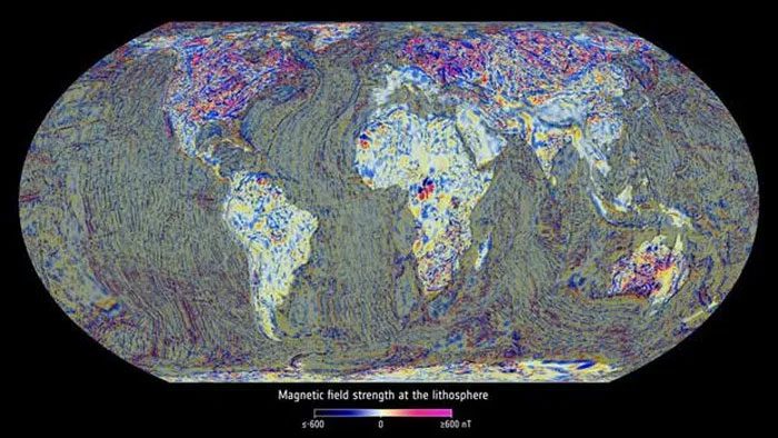 Image showing the strength of the magnetic field on the Earth's lithosphere.