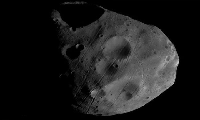Close-up image of the moon Phobos.