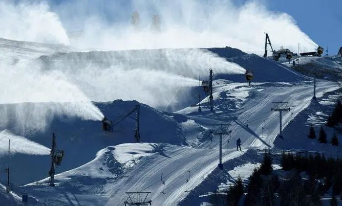Snow-making machines at a competition in Zhangjiakou in November 2021.