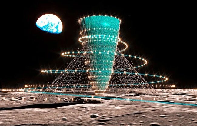 Graphic model of a facility creating gravitational force on the Moon.