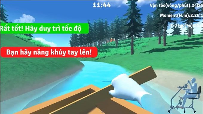 Virtual reality screen simulating a rowing game with notifications for users to adjust their movements.