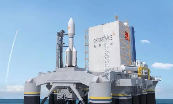 Simulation of the Gravity 1 rocket preparing for launch from a sea platform.