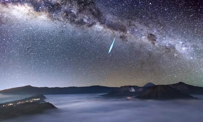 A bright Eta Aquarids meteor streak in the night sky over Java, Indonesia