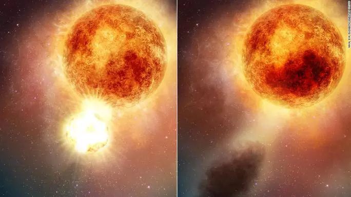 Betelgeuse during a material eruption from its photosphere that caused it to dim temporarily a few years ago