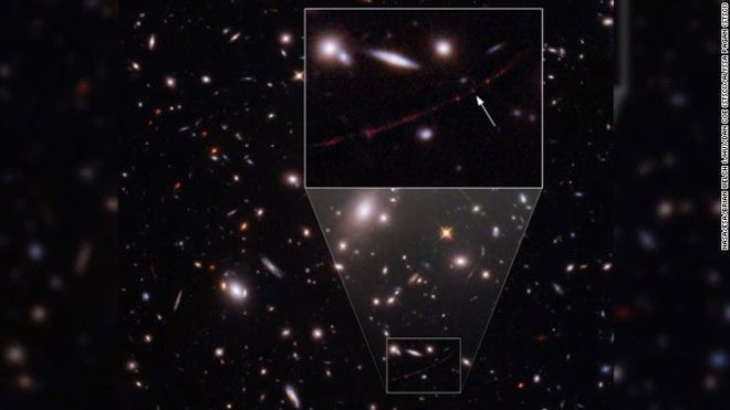 The location of Earendel as recorded by the Hubble Telescope.
