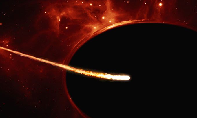 Illustration of a star flying quickly around a supermassive black hole.