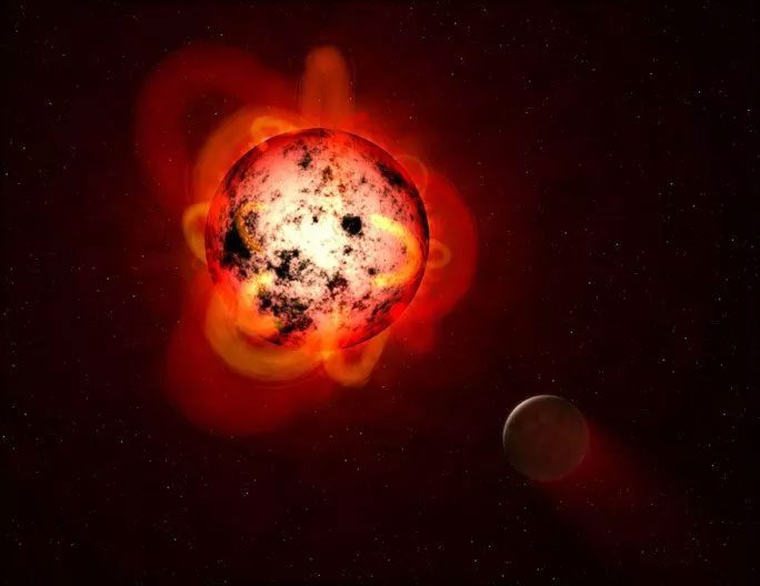 Graphic depicting a red dwarf star with intense radiation despite being cooler than the Sun
