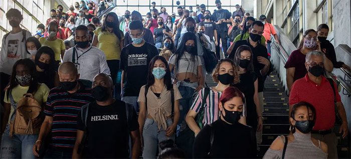 People wearing masks in Medellín, Colombia.