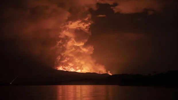 Smoke column erupting from the Nyiragongo volcano in the Democratic Republic of the Congo on May 22, 2021.