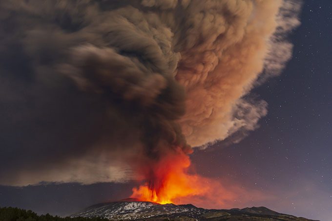 Mount Etna erupts vigorously on the island of Sicily, Italy.