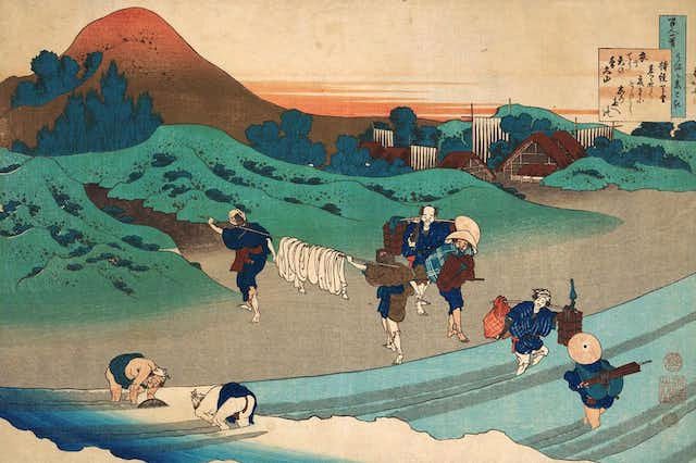 A painting depicting daily life, washing clothes during the Edo period.