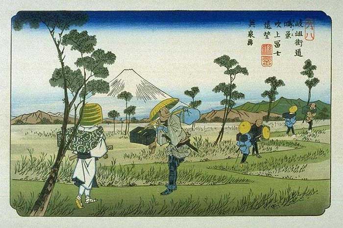 A painting depicting the Kōnosu-shuku station on the Edo-Kyoto highway in the early 19th century.