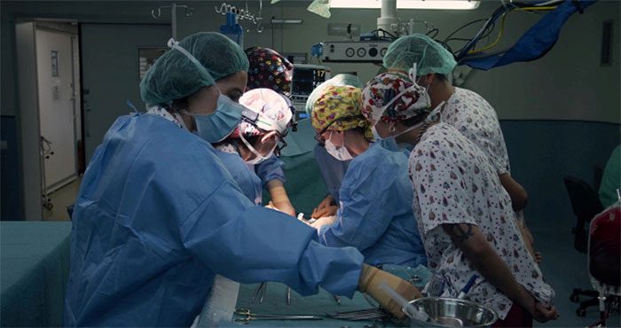 Surgeons involved in the world's first bowel transplant in Madrid, Spain, on October 11.