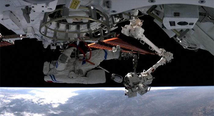 Astronauts exited the airlock of the Wentian laboratory module
