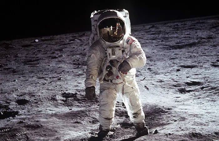 Apollo 11 astronaut in a spacesuit, the first to set foot on the Moon.