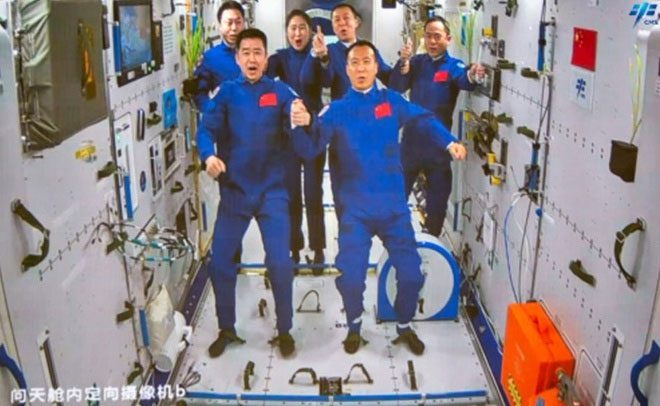 Six astronauts from the Shenzhou 14 and Shenzhou 15 missions at the Tiangong space station.