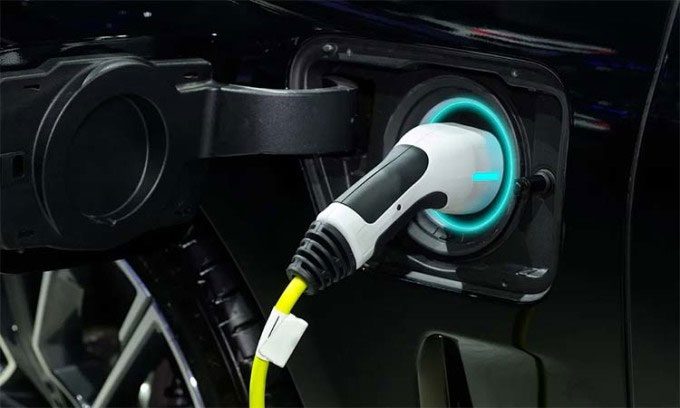 Close-up of an industrial electric charging plug.