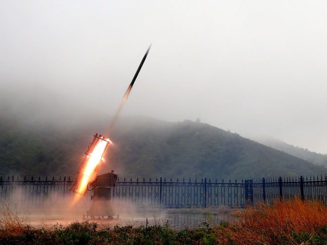 Cloud-seeding rocket launched in Hubei Province, China.