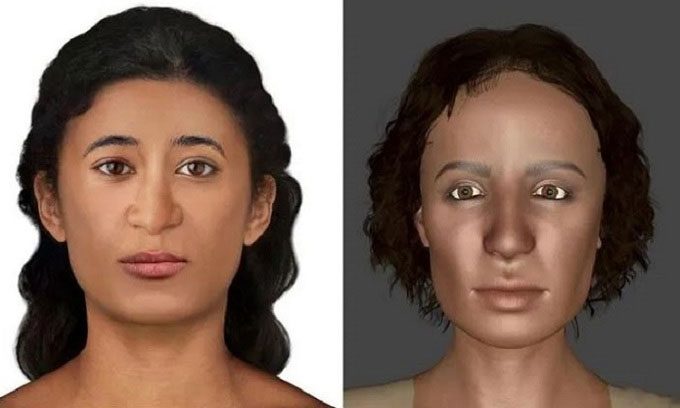 Two reconstructed facial versions of the ancient pregnant woman.