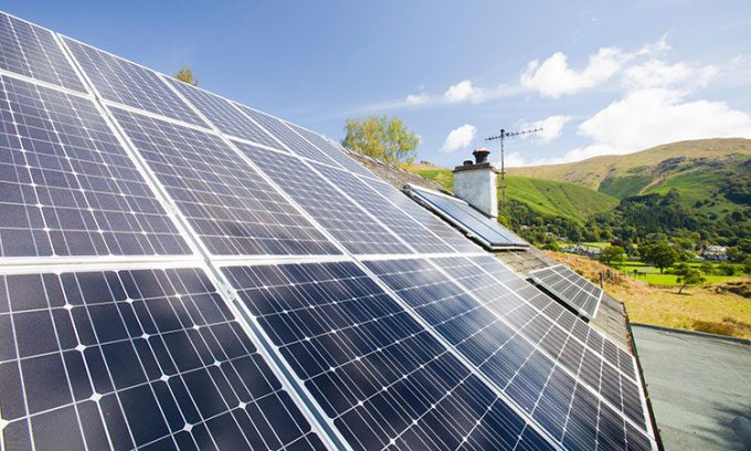 Solar panels on a rooftop in Lake District, UK