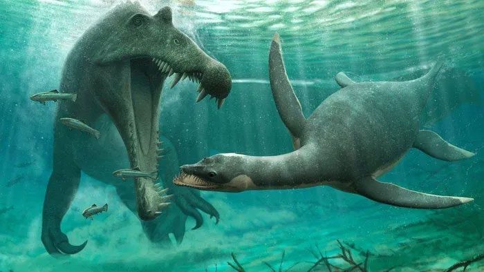 Simulation showing a plesiosaur evading another predator.