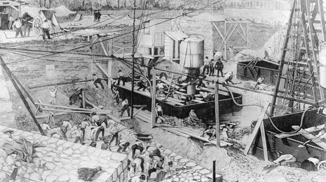 A painting depicting the construction of the Eiffel Tower.