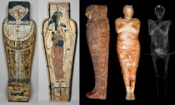 The sarcophagus containing the mummy and scan image.