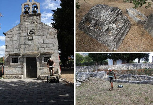 Close-up of the ancient church and some structures excavated around it