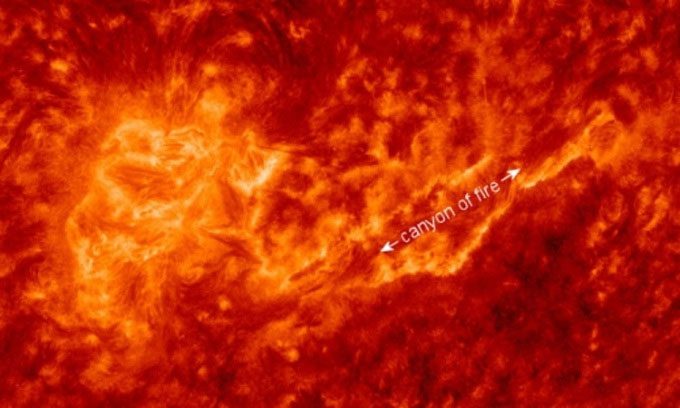  Solar flare emitting charged plasma filaments. 