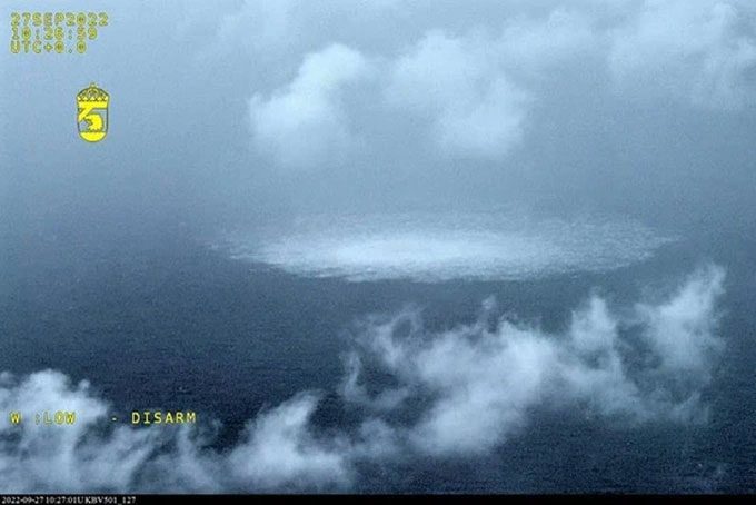 Gas escaping from a rupture of the Nord Stream gas pipeline in the Baltic Sea.