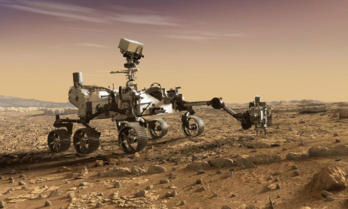 Simulation of the Perseverance rover searching for signs of ancient life on the Red Planet.