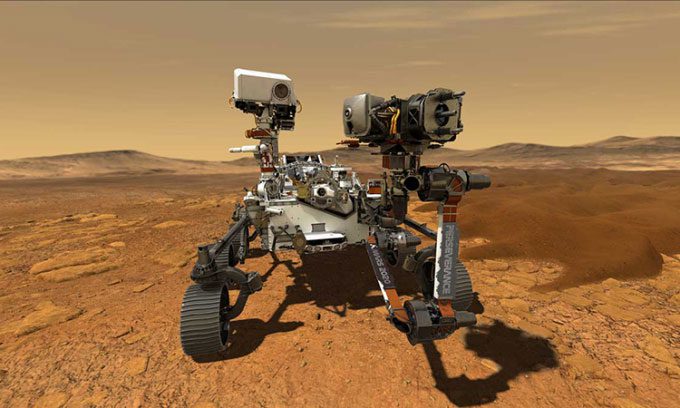 Simulation of the Perseverance rover operating at the Jezero Crater on the Red Planet.