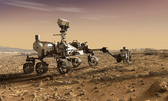 Simulation of the Perseverance rover searching for signs of ancient life on Mars.