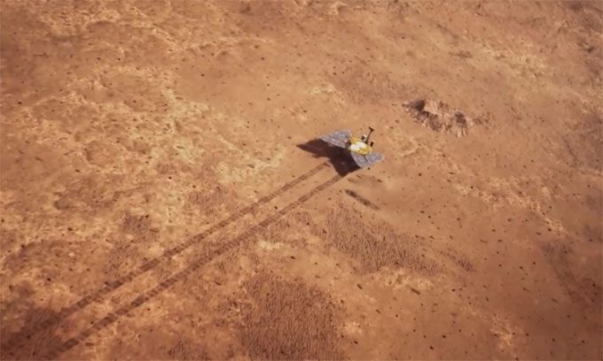 Simulation of Zhurong rover operating on Mars.