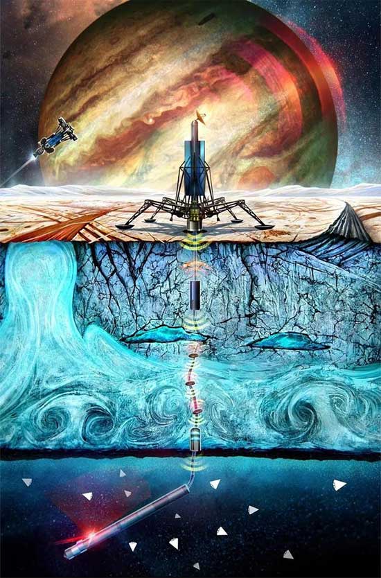 Graphic depicting the cryobot deploying SWIM into an extraterrestrial ocean