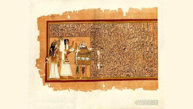 A papyrus manuscript with hieroglyphs in cursive and colored illustrations.