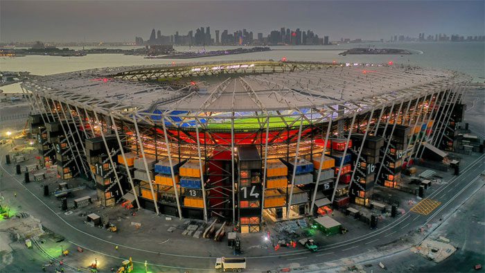 The overall design of the stadium features modern and dynamic colors.