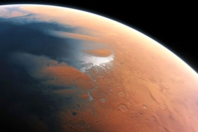An illustration of Mars 4 billion years ago, when it was a much wetter planet than today.