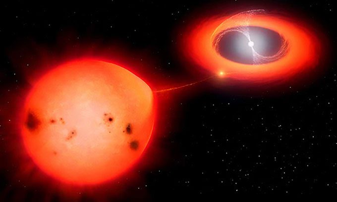 Simulation of a white dwarf devouring a red giant star.