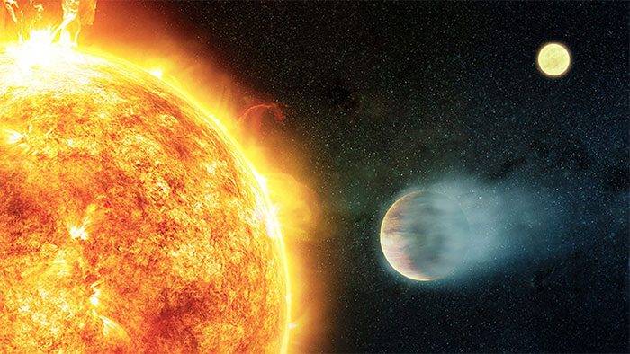 Graphic depicting a binary star system, one of which has a hot Jupiter
