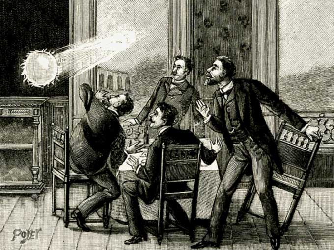 A French illustration showing ball lightning crashing into a room through a window.