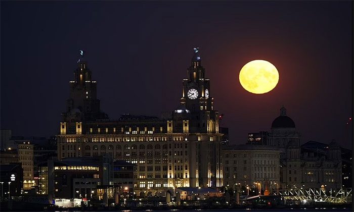 The Royal Liver Building in Liverpool illuminated by the last supermoon of the year.