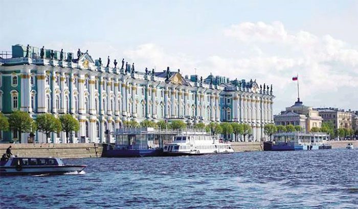 The Winter Palace by the Neva River.