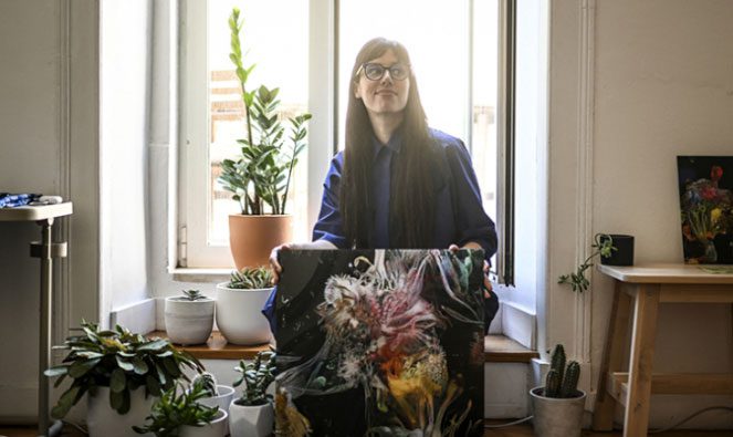 Sofia Crespo photographed with one of her "AI works" on June 8, 2022.