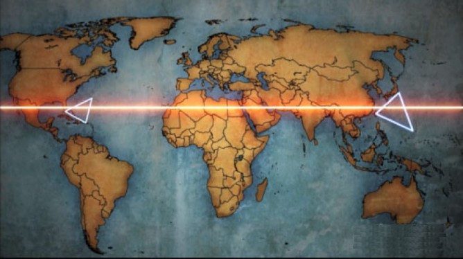 Dragon's Triangle (right triangle) is opposite the Bermuda Triangle (left triangle).