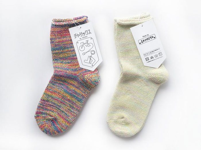 Socks knitted by pedaling a bicycle.