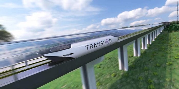 This is an all-electric vehicle described as a hybrid between an airplane and a train.